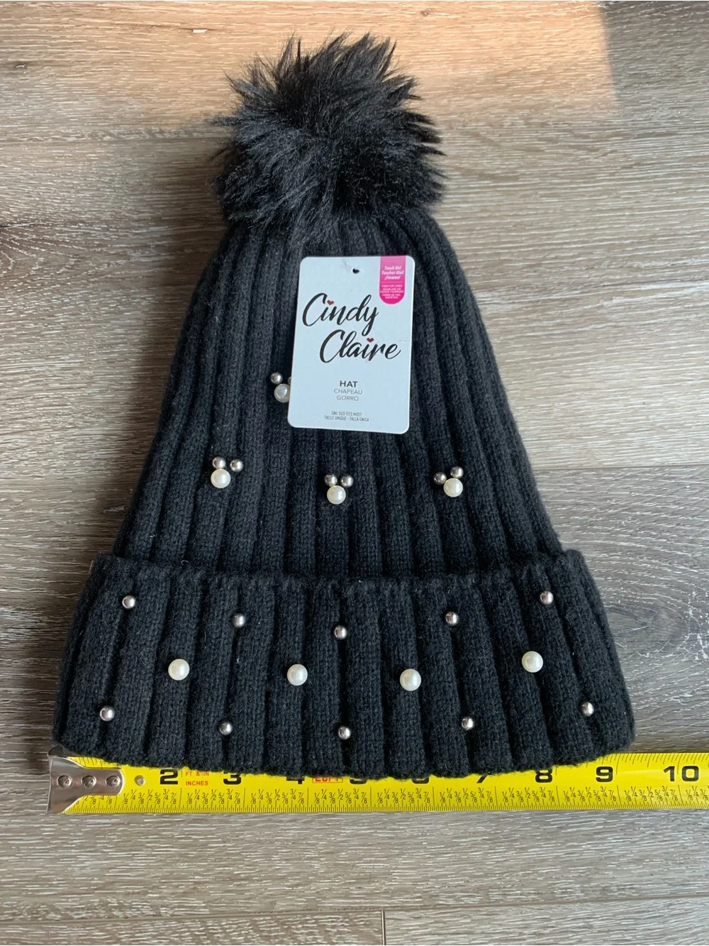 Cindy Claire Pearl Accent Pom Beanie Winter Black Hat